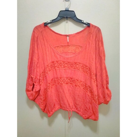 Free People Tops - Free People Red Floral Lace Oversize Knit Top Tie at Waist Boho S *small flaw*
